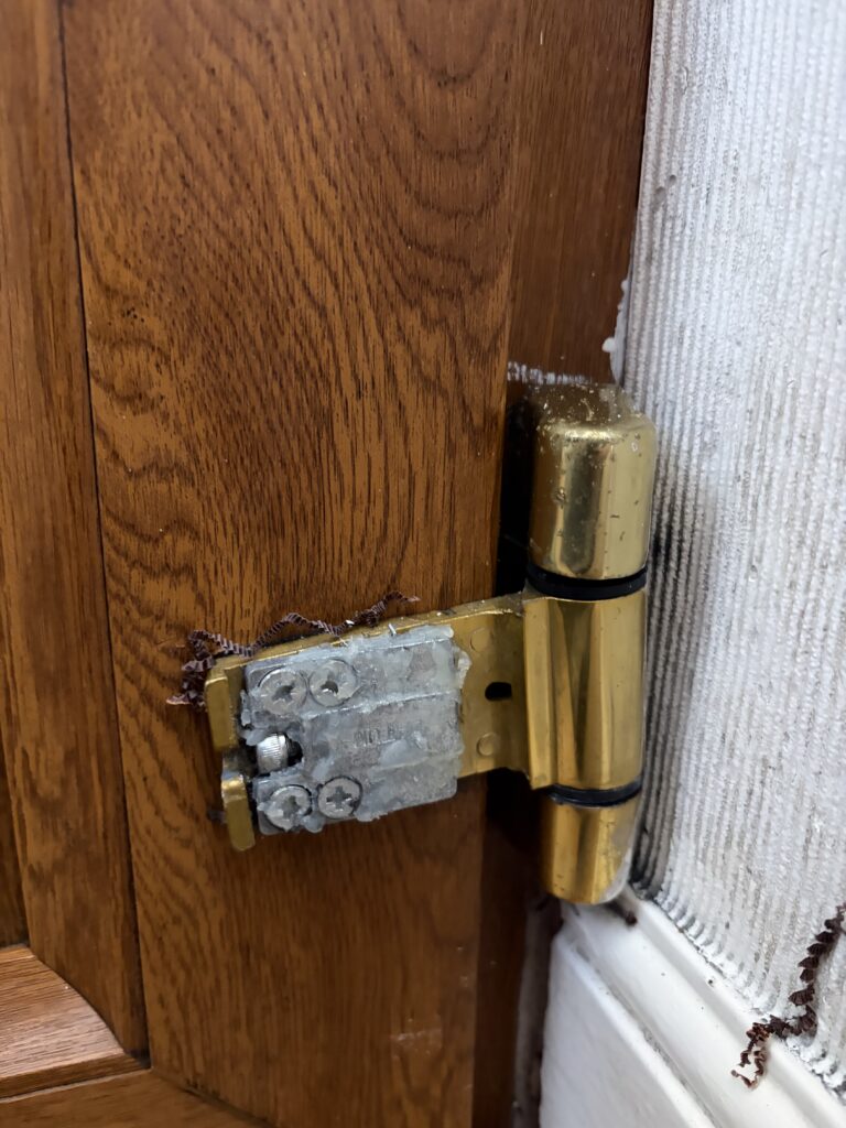 Gold-coloured door hinge with its adjustment plate exposed on a woodgrain door