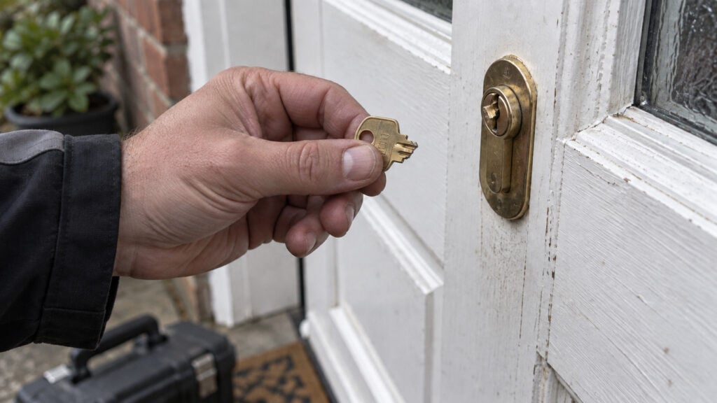 Hand holding a snapped key beside a brass door lock